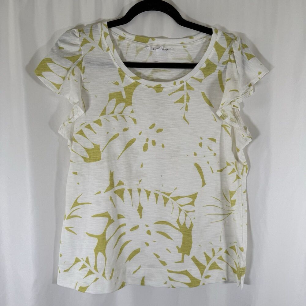 Jane Delancey Blouse Women's Medium White Green Floral Short Sleeve Round Neck